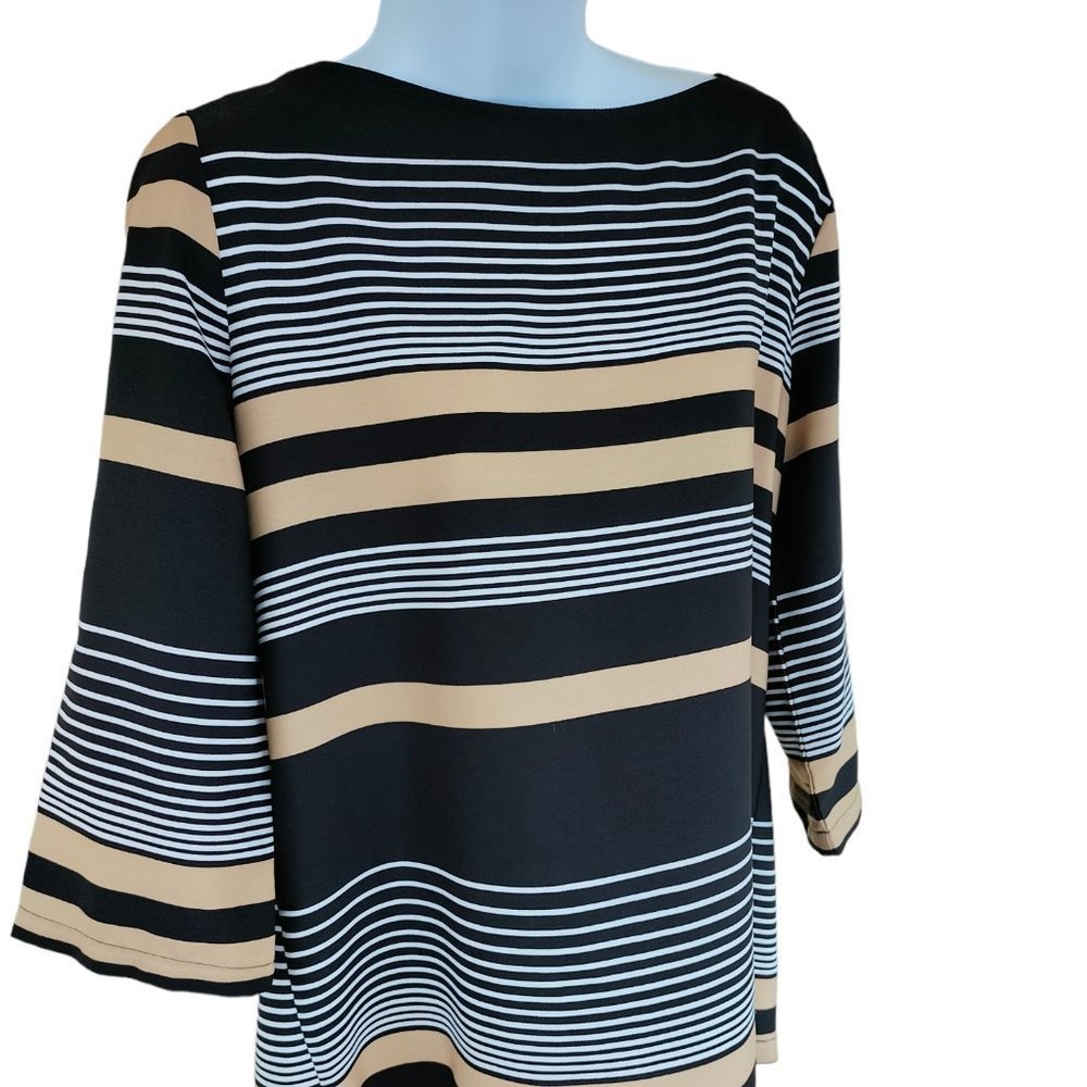 Passport Black, White & Tan Striped Boatneck Top